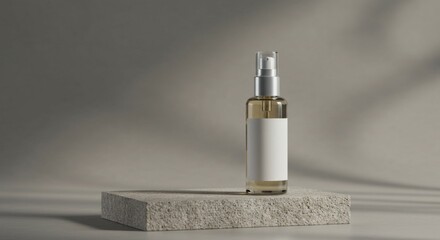 Cosmetic spray bottle mockup on stone pedestal for product presentation and branding design template