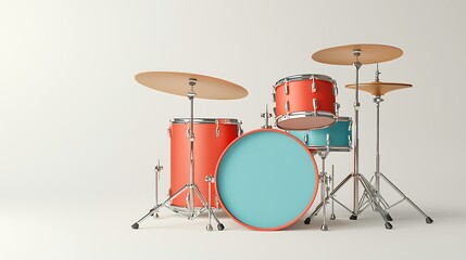 A vibrant drum set featuring red and turquoise drums, with cymbals, set against a minimalistic background.