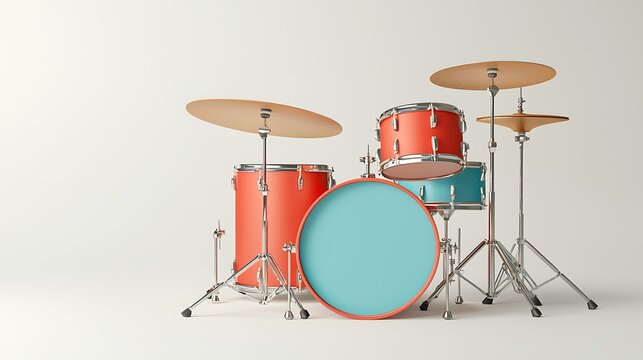 A vibrant drum set featuring red and turquoise drums, with cymbals, set against a minimalistic background.