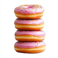 Delicious Stack of Pink Frosted Donuts with Colorful Sprinkles on a White Background
