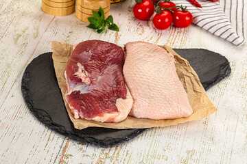 Raw duck breast over board