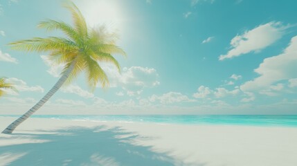 Fototapeta premium Serene tropical beach vista with swaying palm trees azure sea and soft white sand under a bright sunny sky creating a tranquil vacation paradise