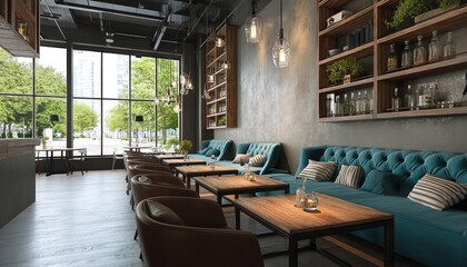Fototapeta premium Modern café interior with teal leather sofas and walnut wood tables under pendant lamps, floor-to-ceiling windows framing urban greenery and brick buildings