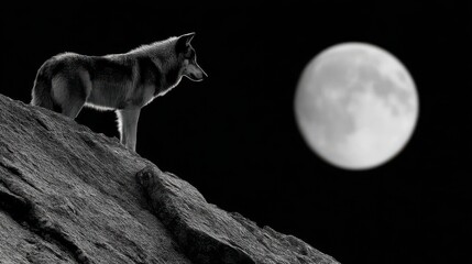 Fototapeta premium A solitary wolf stands majestically on a hill, gazing at the full moon in a stark night sky, embodying mystery and wilderness.