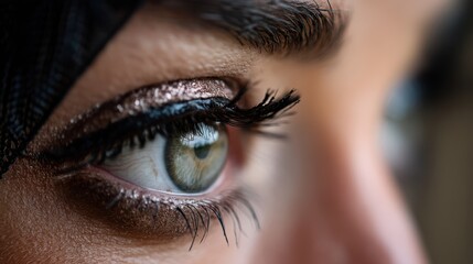 Obraz premium A close-up of a woman's eye reflects delicate eyelashes and shimmering eyeshadow, creating a sense of beauty and elegance.
