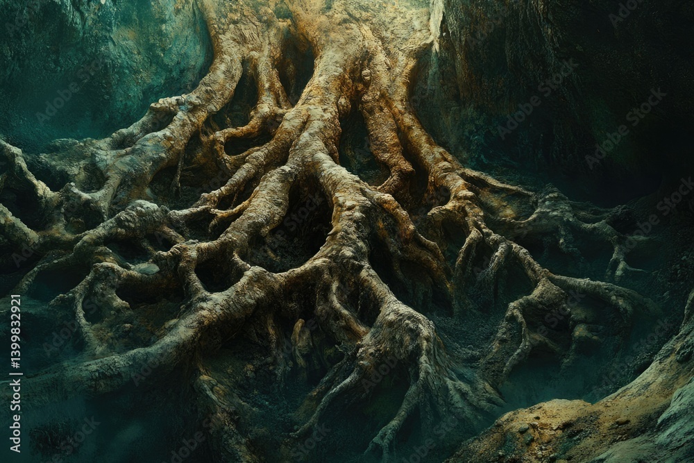 Aufkleber massive ancient tree roots sprawling underground, creating a mystical, cavernous scene.