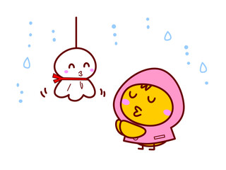 レインコート姿のひよことてるてる坊主