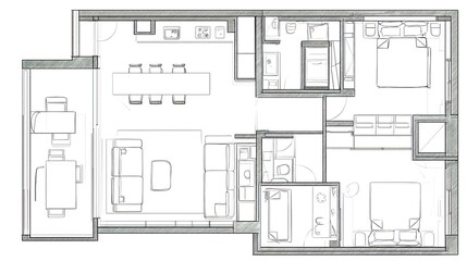 Architectural blueprint-style floor plan with clean linework showing living room sofa, dining table, kitchen cabinetry, monochrome technical illustration on grid paper