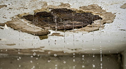 Water droplets fall from a damaged ceiling as paint peels and decay reveals hidden issues in an old building interior