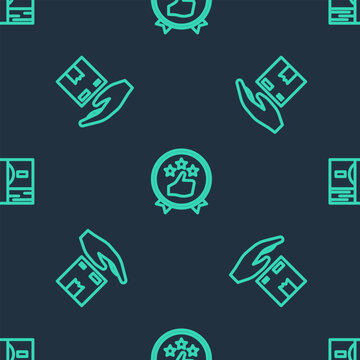 Set line Consumer or customer product rating, Delivery hand with boxes and Stacks paper money cash on seamless pattern. Vector