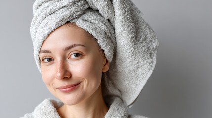 A young woman with a towel wrapped around her head, smiling gently in a cozy setting, embodying relaxation and self-care.