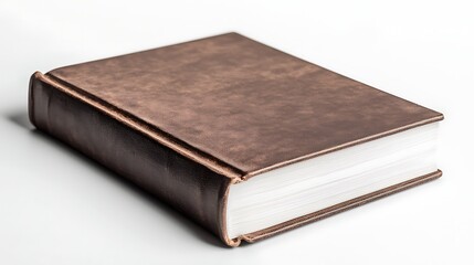 Obraz premium A closed brown leather-bound book with a textured cover and white pages, resting on a light surface.