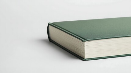 A close-up view of a green hardcover book, showcasing its textured cover and crisp pages.