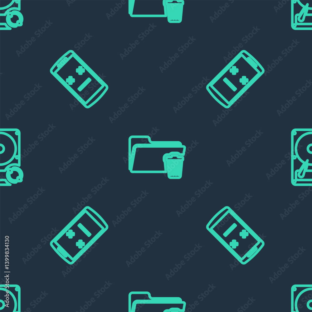 Poster set line delete folder, dead mobile and hard disk drive hdd sync refresh on seamless pattern. vector