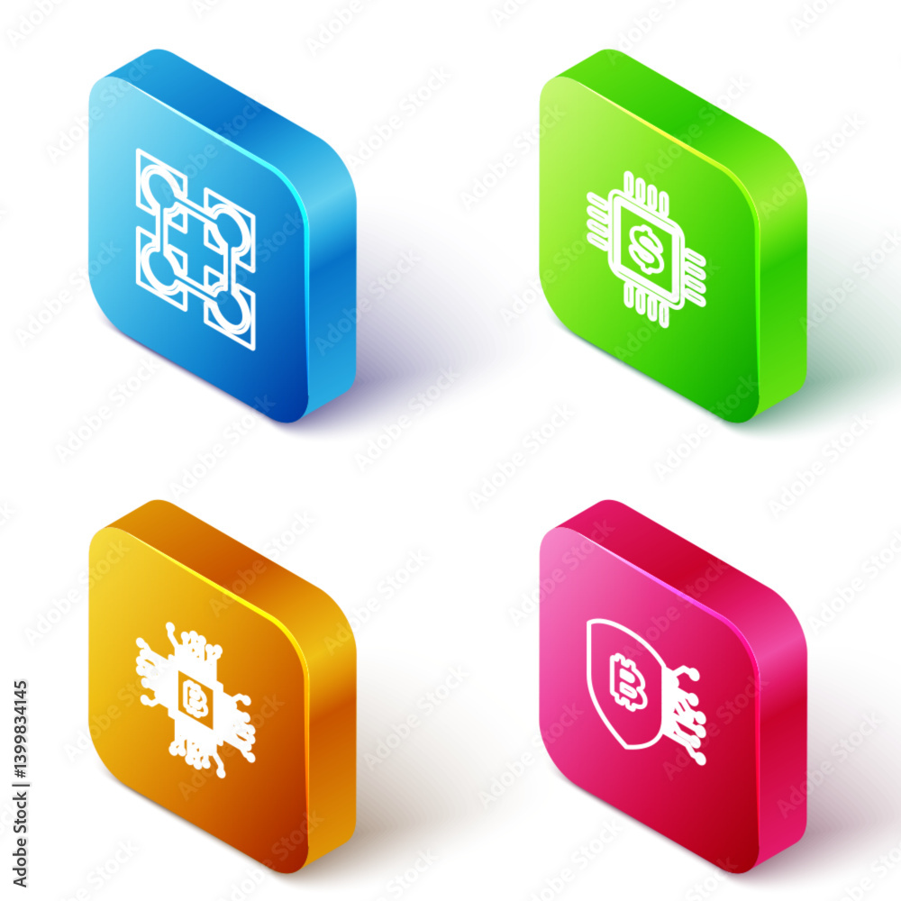Poster set isometric line blockchain technology, processor chip with dollar, cpu mining farm and shield bit