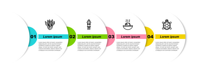 Set line Seaweed, Octopus, Puffer fish soup and Turtle. Business infographic template. Vector © vector_v