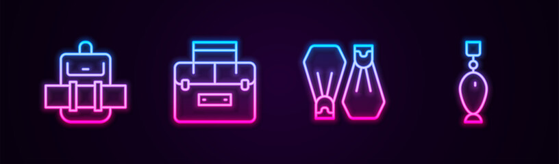 Set line Hiking backpack, Case container for wobbler, Rubber flippers swimming and Fishing spoon. Glowing neon icon. Vector © vector_v