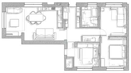 Architectural blueprint-style floor plan with clean linework showing living room sofa, dining table, kitchen cabinetry, monochrome technical illustration on grid paper