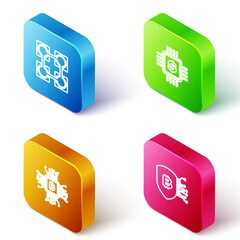 Set Isometric line Blockchain technology, Processor chip with dollar, CPU mining farm and Shield bitcoin icon. Vector
