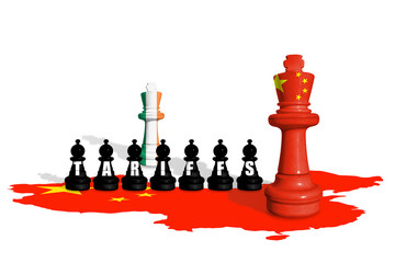 Chess made from Ireland and China flags. Europe Union and China trade, tariffs, customs and duty war