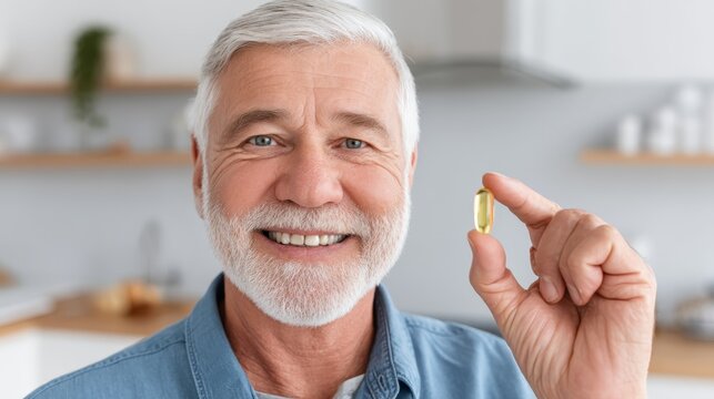 a senior holding an omega 3 capsula between his thumb and index finger
