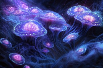 Obraz premium Glowing bioluminescent mushrooms in a dark, mystical forest, emitting ethereal light.