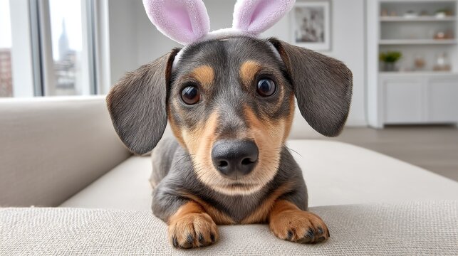 close-up of a cute dachshund dog wearing funny bunny ears