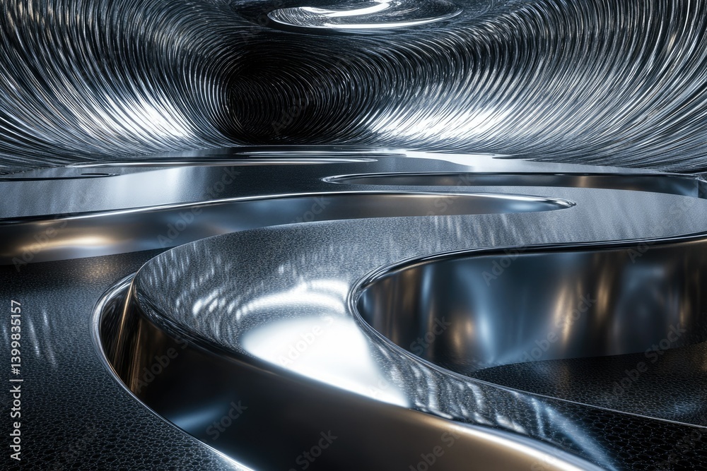 Aufkleber Abstract metallic structure with flowing, curved lines and reflective surfaces, creating a futuristic and sleek design.