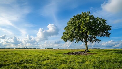 Obraz premium Photo of a Tree Thriving on Grassy Ground with Soil Cross-Section, Set Against a Cloudy Sky Background. Web Banner Design with Central Copy Space for Text, Ideal for Environmental and Nature Themes.