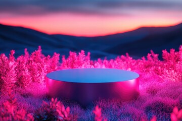 A vibrant pink and purple landscape scene at sunset features a sleek, round platform amidst glowing plants.