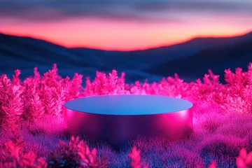 Selbstklebende Fototapeten A vibrant pink and purple landscape scene at sunset features a sleek, round platform amidst glowing plants. © Vibu design  gallery