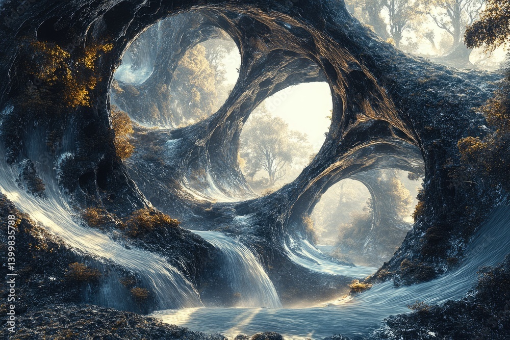 Poster enchanted cave system with cascading waterfalls, sunlight filtering through the forest canopy.