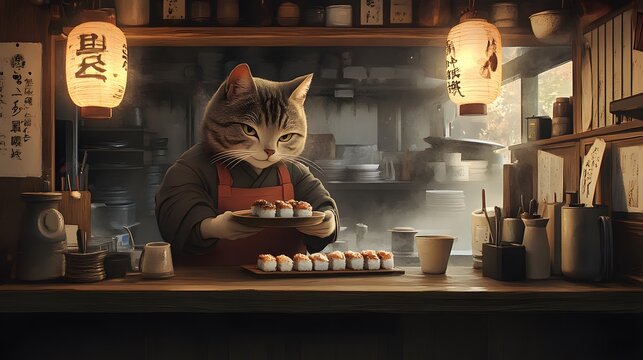 Sushi Cat Chef: A whimsical illustration of a cat chef, skillfully preparing sushi rolls in a traditional Japanese restaurant, bathed in the soft glow of paper lanterns.