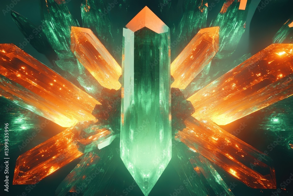 Poster a mesmerizing display of luminous green and amber crystals, radiating an ethereal glow.