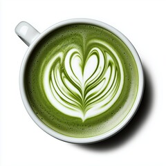 Delicate Heart-Shaped Latte Art in a Smooth Green Matcha Cup Against a White Background
