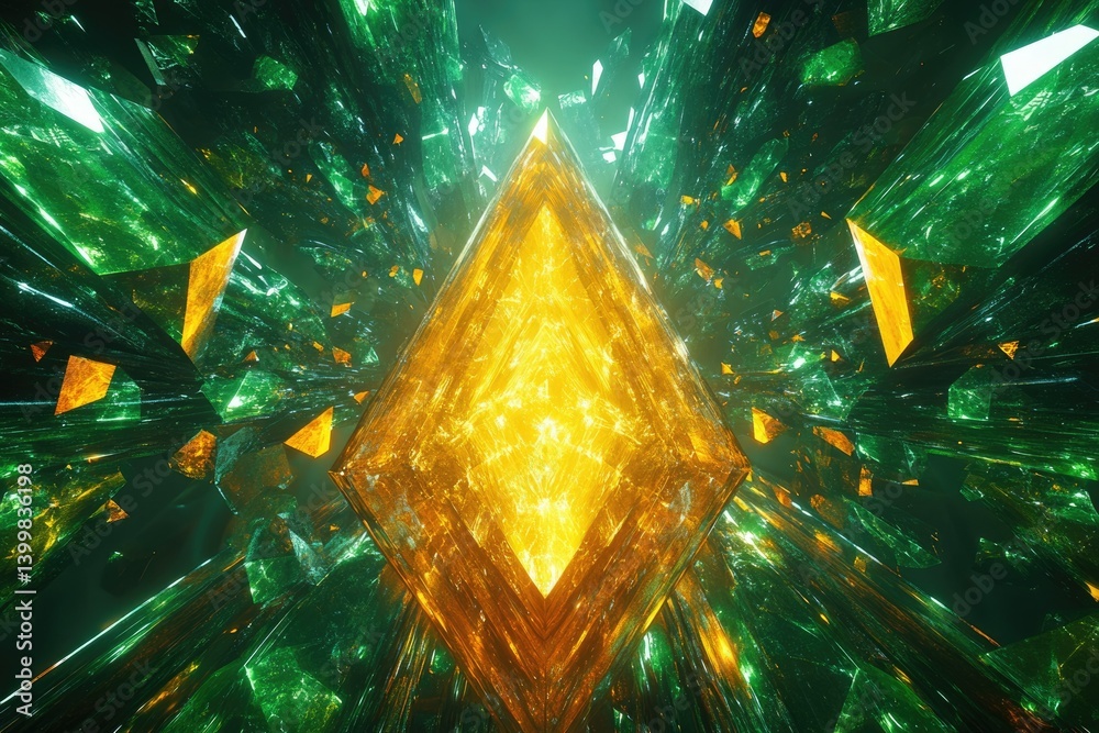 Poster a radiant golden diamond crystallizes within a chaotic explosion of green shards, creating a mesmeri