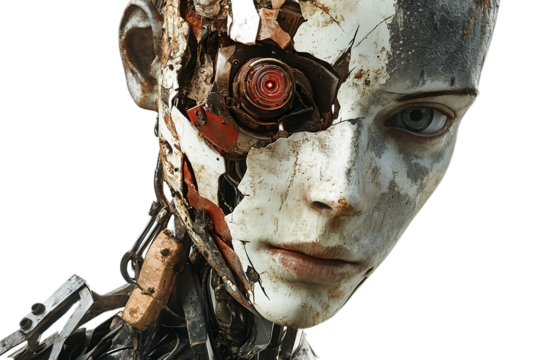 Highly detailed humanoid AI robot with cybernetic features and half-human half-machine design On PNG Background