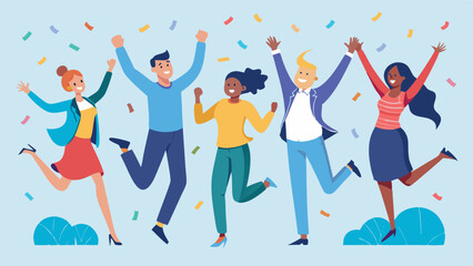 A group of people in business attire, jumping for joy, celebrating success. They are surrounded by festive tinsel, emphasizing the festive atmosphere.