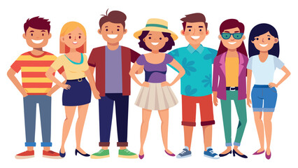 Fototapeta premium A joyful group of young people in casual summer outfits celebrating their holidays together. They are all smiling, exuding a carefree and cheerful atmosphere.