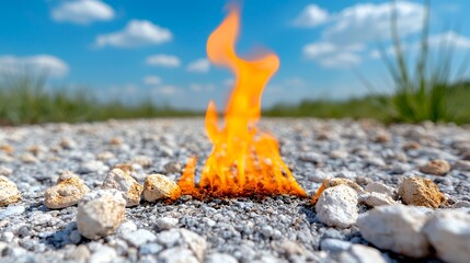 Burning natural gas flame in rocky terrain