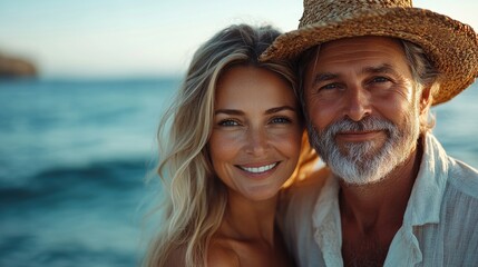 Couple smiles at beach sunset, ocean background, travel portrait