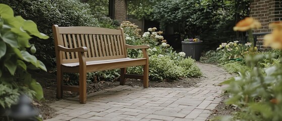 Garden bench path brick tranquil flowers