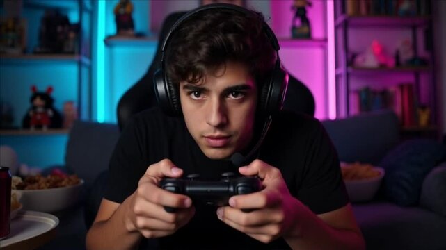 Excited young man playing video game with headset in gaming room