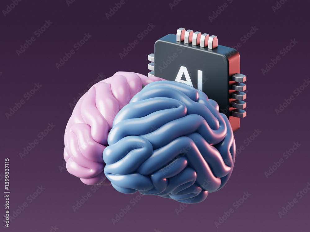 Poster 3d ai brain with artificial intelligence technology and neural digital data machine.