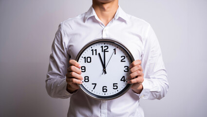 Man holding clock in front of chest on light background