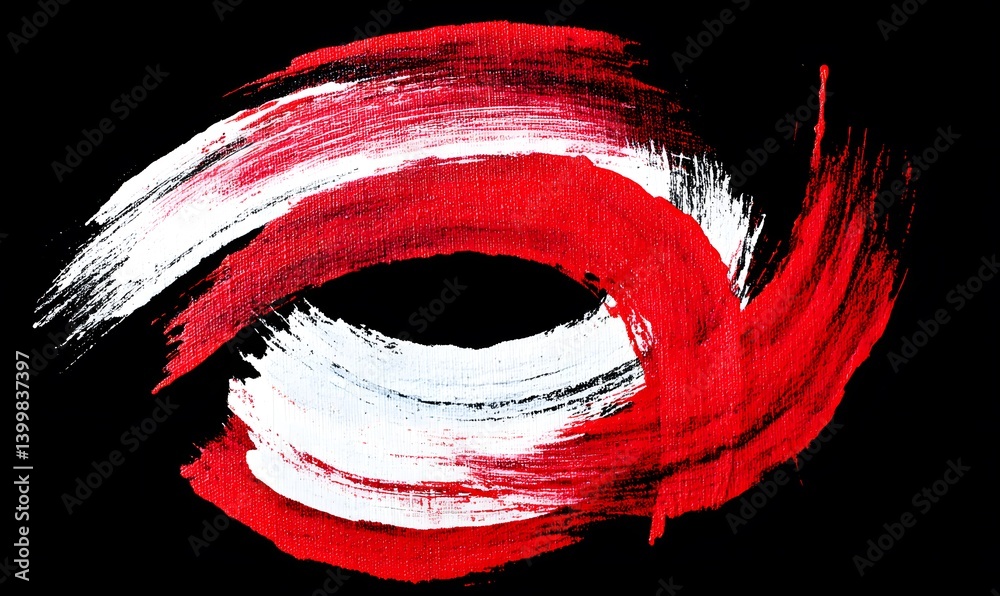 Wall mural minimal and random broad red and white circular brushstrokes on black canvas, generative ai
