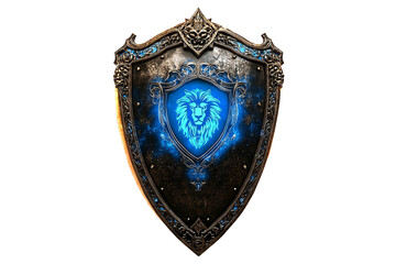Knights enchanted lion shield with glowing magical aura and medieval fantasy detailing