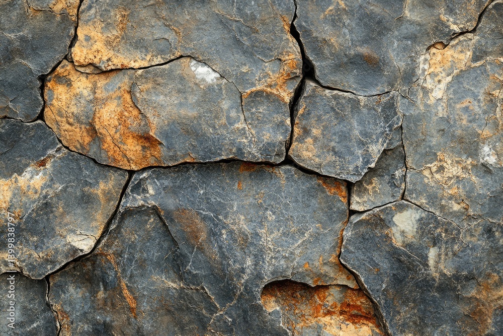 Fototapete a close-up shot of a rustic stone wall with irregular shapes and colors, showing texture and cracks.