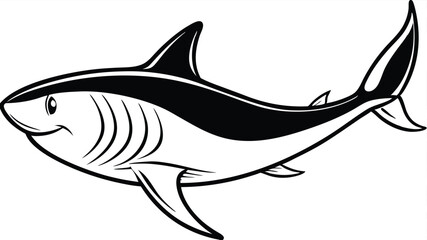 A black and white cartoon illustration of a shark swimming to the left. It has a pointed snout, sharp teeth, and prominent fins.