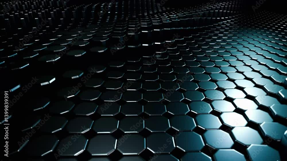 Wall mural abstract hexagon pattern: dark teal metallic surface 4k seamless loop